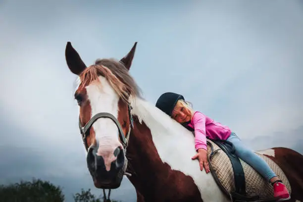 Photo of happy little girl hug horse, horse theraphy