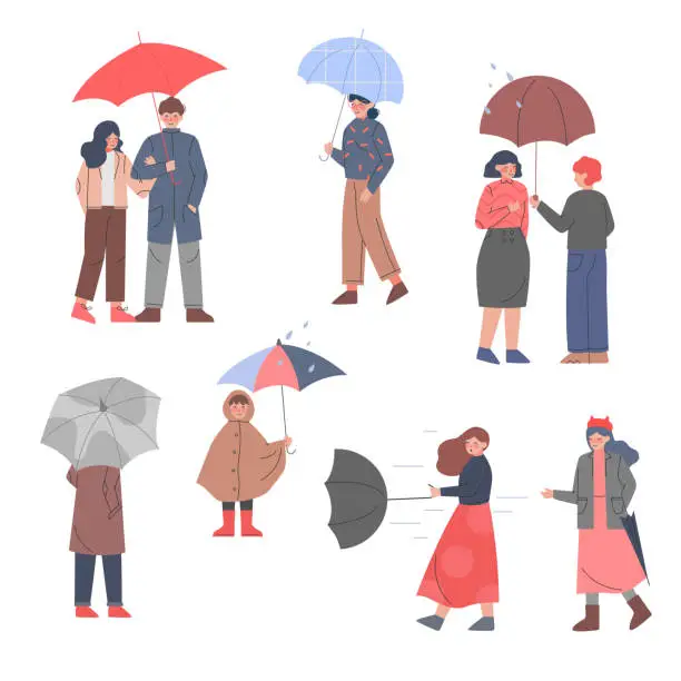 Vector illustration of Male and Female with Umbrellas Enjoying Walk in the Rainy Day Vector Illustration Set