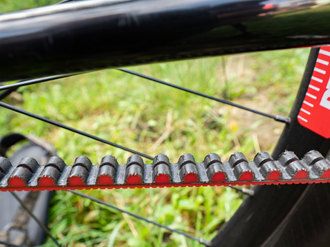 Gates Carbon Drive toothed belt drive  on singlespeed city bike. New type of bycicle gear. Radvanec, Czechia - 23th of August 2020.