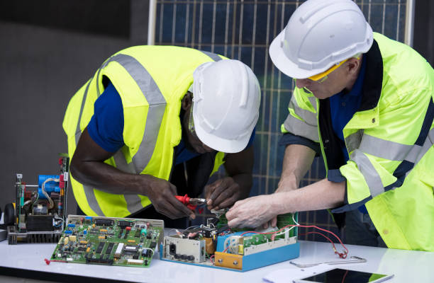 istock Engineer working repairing electric panel with solar panels background, Concept teamwork or training of renewable. 1288579062