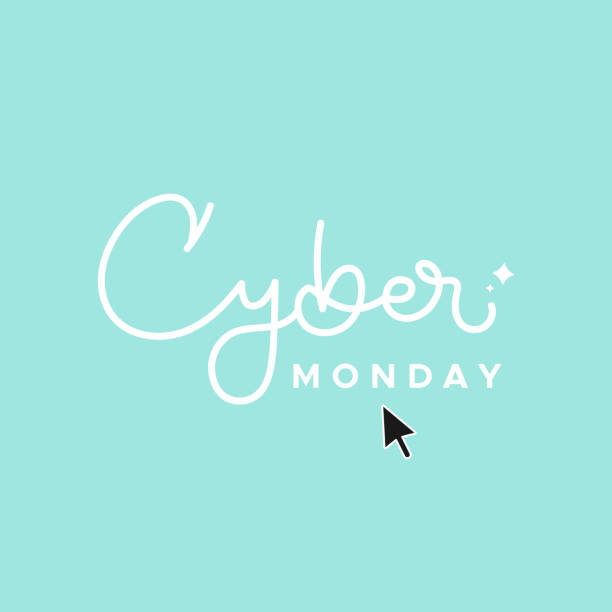 Cyber Monday lettering on turquoise background with mouse pointer. Concept of online shopping, web purchases, digital business, delivery. Vector illustration, flat desi Cyber Monday lettering on turquoise background with mouse pointer. Concept of online shopping, web purchases, digital business, delivery. Vector illustration, flat desi cyber monday stock illustrations