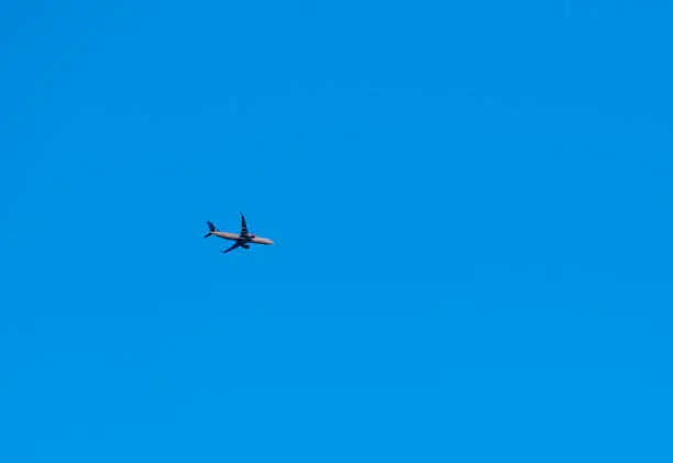 A Scandinavian airlines Boeing 737-800 flying high above the ground on route with clear blue skies.