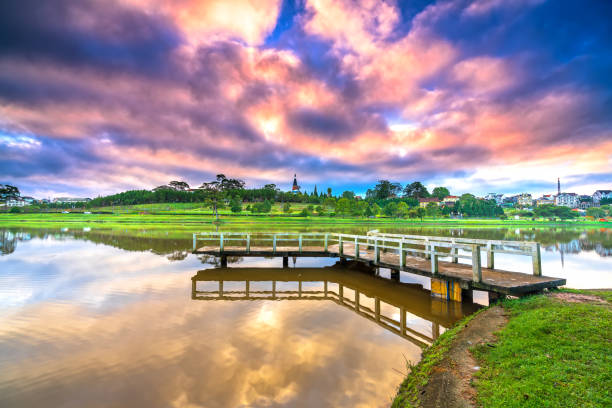 Dawn on love bridge overlooking the lake