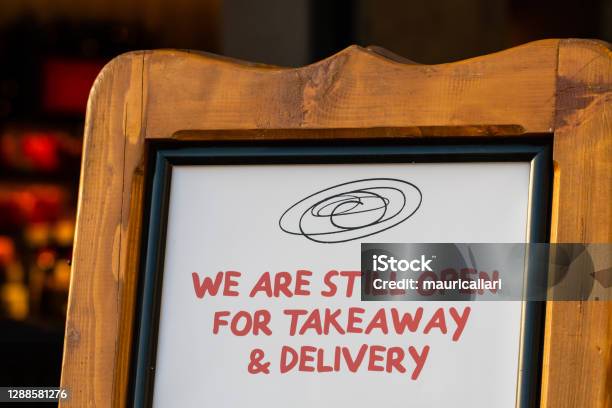 Open Take Away Only Sign During Lockdown Caused By Covid19 Pandemic Stock Photo - Download Image Now