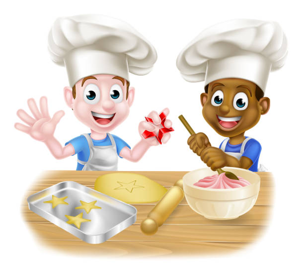 Cartoon Boys Baking Cakes Cartoon happy boys, one black one white, dressed as chefs or bakers baking cakes and cookies in chef hats boys bowl haircut stock illustrations