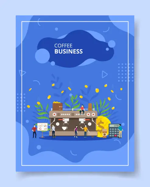 Vector illustration of coffee business people standing around coffee machine calculator coin money for template of banners, flyer, books cover, magazines