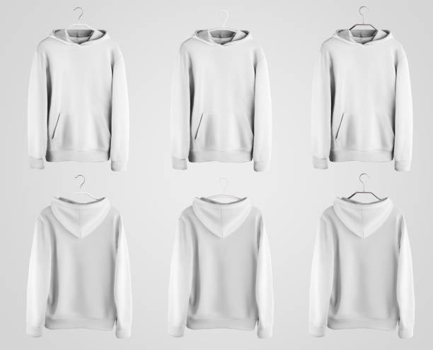 istock White hoodie template with pocket hanging on metal, plastic hanger, front and back view, isolated on background. 1288582784