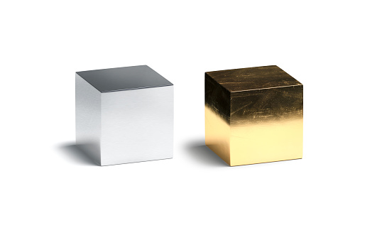 Blank gloss silver and gold cube mockup set, 3d rendering. Empty chrome and golden geometry box mock up, isolated. Clear scratched metallic figure stand reflexion template.