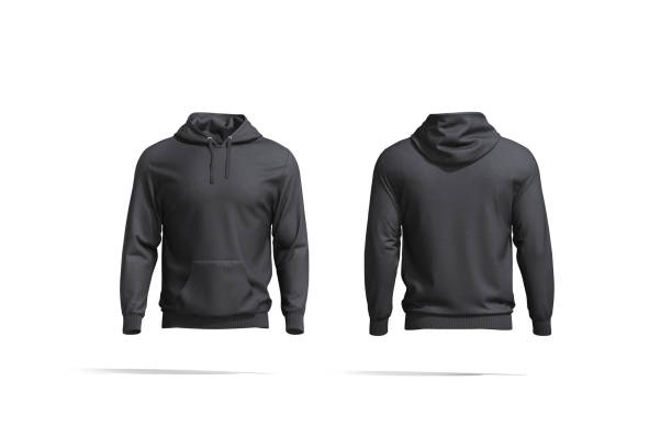 Blank black hoodie with hood mockup, front and back view Blank black hoodie with hood mockup, front and back view, 3d rendering. Empty crewneck hooded sweat-shirt mock up, isolated. Clear loose overall fabric tolstovka or jumper template. hooded shirt stock pictures, royalty-free photos & images