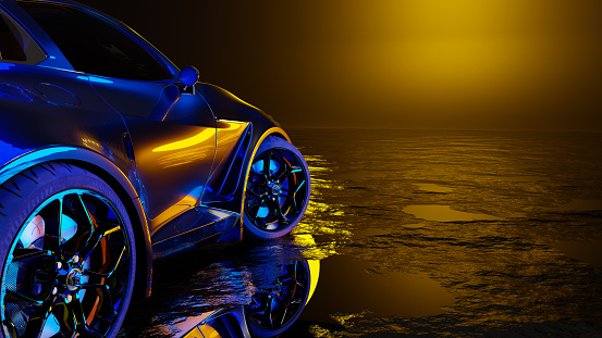 sports car sun shining from the front. 3D Render.