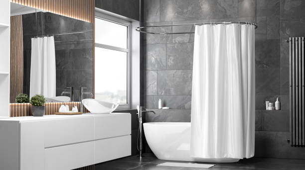 istock Blank white half open shower curtain mockup, half-turned view 1288587302