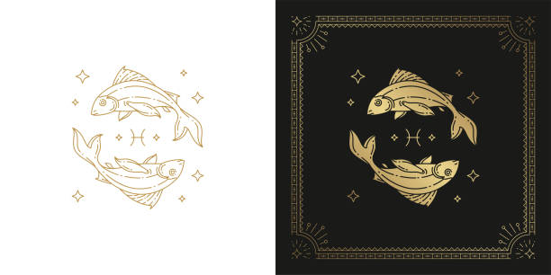 зодиак рыбы гороскоп знак линии искусства силуэт дизайн вектор иллюстрации - pisces stock illustrations