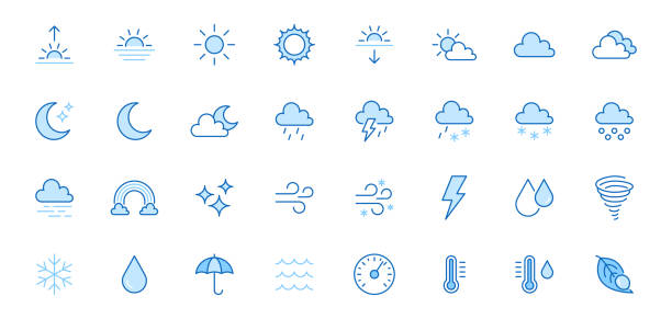 ilustrações de stock, clip art, desenhos animados e ícones de weather line icons set. sun, rain, thunder storm, dew, wind, snow cloud, night sky minimal vector illustrations. simple flat outline signs for web, forecast app. blue color, editable stroke - evening sunlight