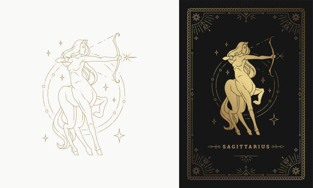 조디악 궁수 소녀 캐릭터 별자리 기호 라인 아트 실루엣 디자인 벡터 일러스트 - sagittarius stock illustrations