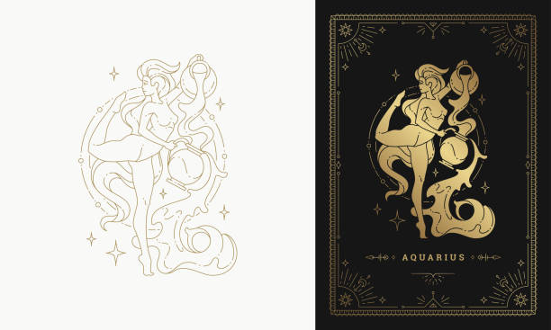 Zodiac aquarius girl character horoscope sign line art silhouette design vector illustration Zodiac aquarius girl character horoscope sign line art silhouette design vector illustration. Beautiful woman as aquarius golden symbol with frame for feminine astrology card template or poster. Aquarius stock illustrations