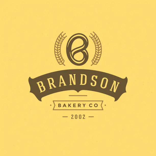 Vector illustration of Bakery badge or label retro vector illustration. Pretzel silhouette for bakehouse