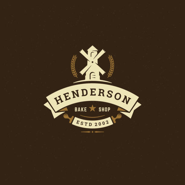 Bakery badge or label retro vector illustration. Mill silhouette for bakehouse. Vintage typographic symbol design.