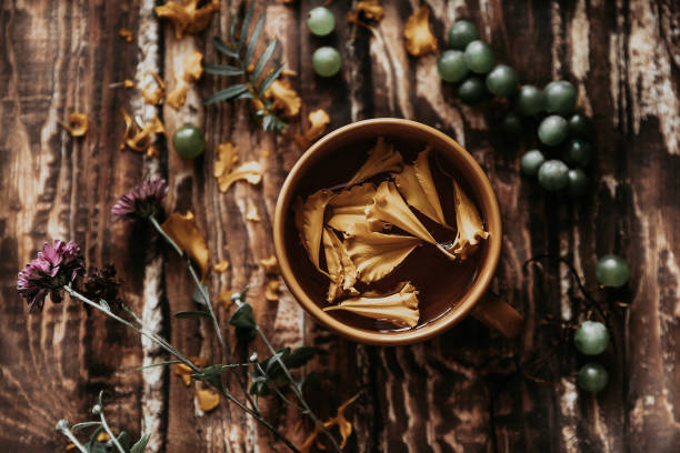 chá de ervas. chá de ervas em uma caneca laranja em uma mesa de madeira. frutos, ervas, flores e chá em uma mesa de madeira marrom. verão ainda vida com ervas na mesa da cozinha - stevia tea herbal tea herb - fotografias e filmes do acervo