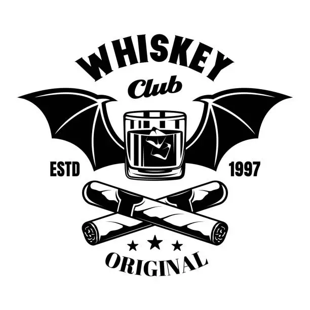 Vector illustration of Whiskey glass with bat wings and crossed cigars vector emblem, badge, label or logo in vintage monochrome style isolated on white background