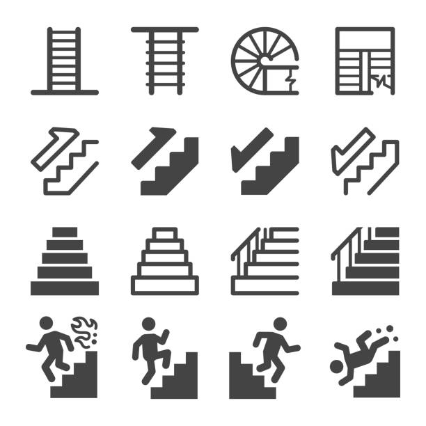 ilustraciones, imágenes clip art, dibujos animados e iconos de stock de conjunto de iconos de escaleras - staircase square shape spiral emergency exit