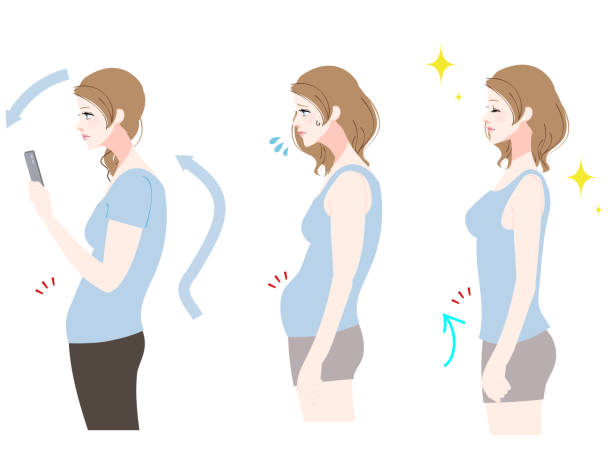 ilustrações de stock, clip art, desenhos animados e ícones de a female set with a smartphone stoop and a straight posture - waist up illustrations