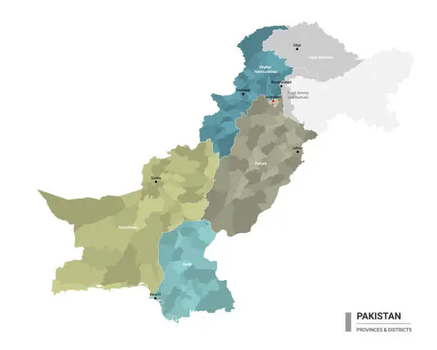 Vector illustration of Pakistan higt detailed map with subdivisions. Administrative map of Pakistan with districts and cities name, colored by states and administrative districts. Vector illustration.