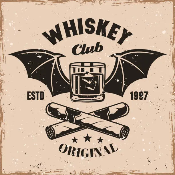 Vector illustration of Whiskey glass with bat wings and crossed cigars vector emblem, badge, label or logo in vintage style on background with removable grunge textures on separate layers