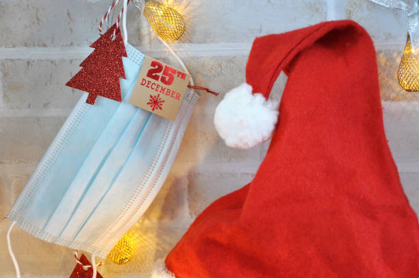istock Christmas Covid Rule Concept Red Santa Hat with Surgical Mask 1288596840