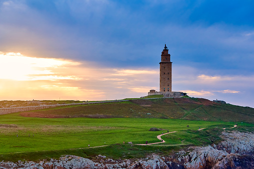 Sunset on the peninsula where the Roman lighthouse of Hercules is located