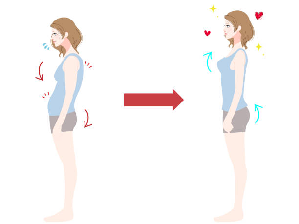 женский набор с сутулостью и прямой осанкой - posture stock illustrations