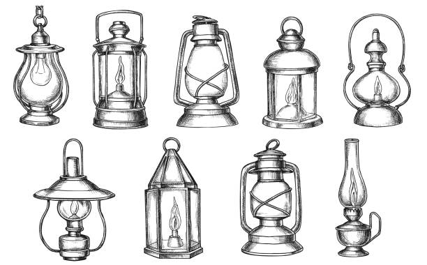 ilustrações, clipart, desenhos animados e ícones de conjunto de desenho manual da lâmpada vintage - lantern