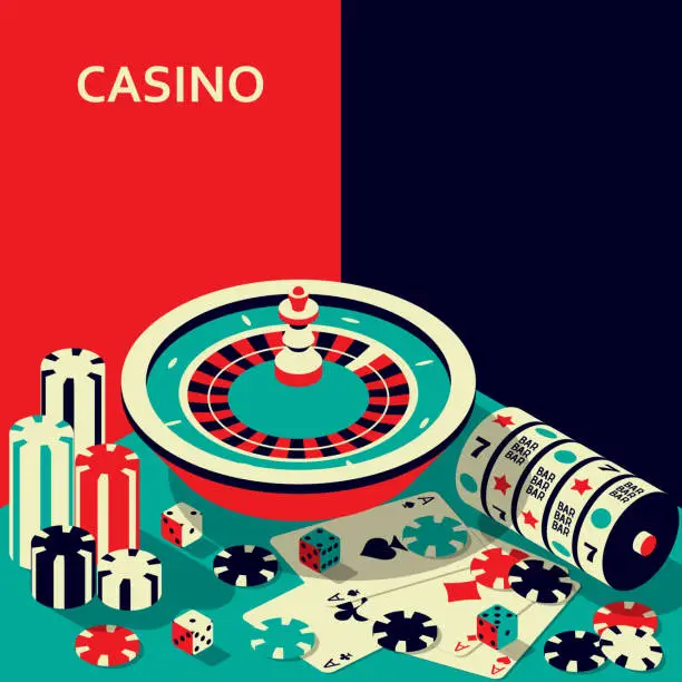 Vector illustration of Casino banner. Roulette and slot, chips, dices and cards