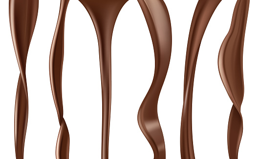 Liquid chocolate stream. Flowing delicious sauce or dark chocolate vector realistic pictures. Illustration stream liquid drop, food dessert chocolate