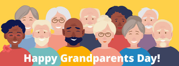 Grandparents day poster. Happy elderly characters, international old people vector banner Grandparents day poster. Happy elderly characters, international old people vector banner grandparents day holiday, granny older portrait illustration senior citizen day stock illustrations