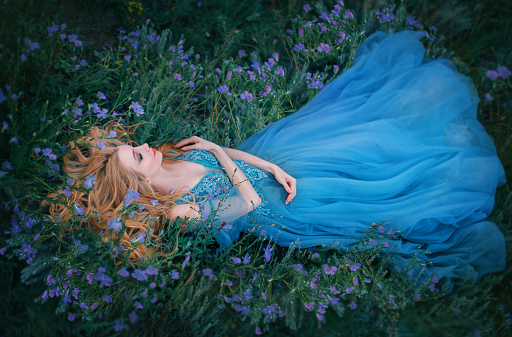 Art photo fairy tale sleeping beauty. Fantasy woman lies on blooming meadow in long blue medieval vintage dress. Summer nature background, green grass, bed from purple flowers. Girl enchanted princess