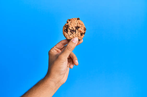 Hand of young hispanic man holding chocolate cookie over isolated blue background. Hand of young hispanic man holding chocolate cookie over isolated blue background. crumb photos stock pictures, royalty-free photos & images
