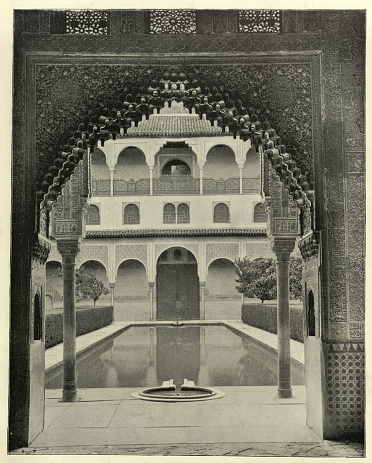 Antique photograph of Patio de los Arrayanes (Court of the Myrtles), Alhambra, Spain, 19th Century
