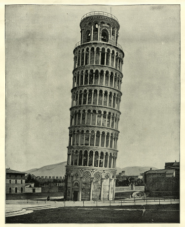 Antique photograph of the Leaning Tower of Pisa, Italy, 19th Century
