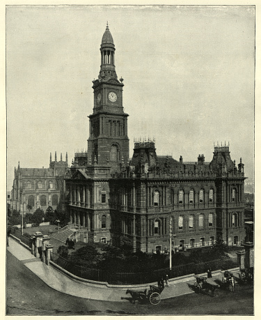 Antique photograph of Town Hall and Square, Sydney, Australia, 19th Century