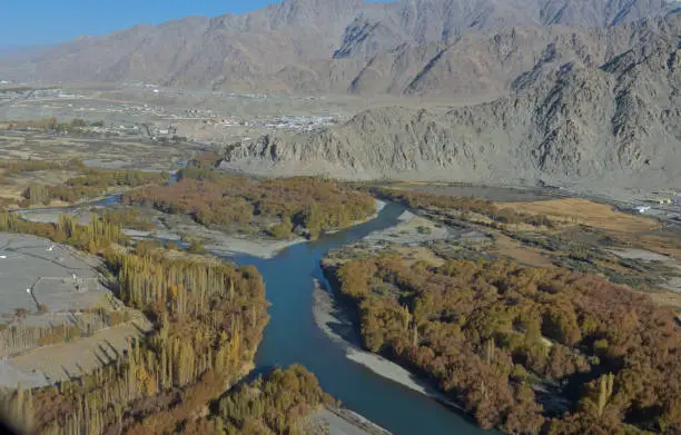 Aerial view of connecting Srinagar and Leh Indus river at leh Ladakh, Jammu & Kashmir India.