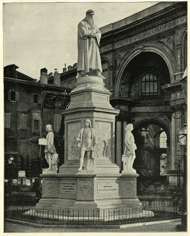 Antique photograph of Statue of Leonardo Da Vinci, Milan, Italy, 19th Century