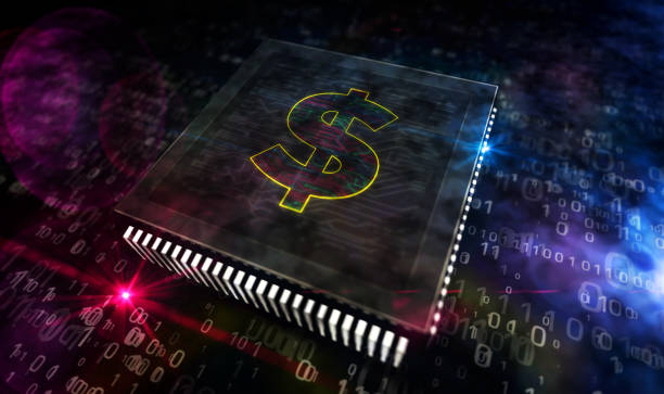 istock Processor factory with burning Dollar money business symbol 3d illustration 1288606525