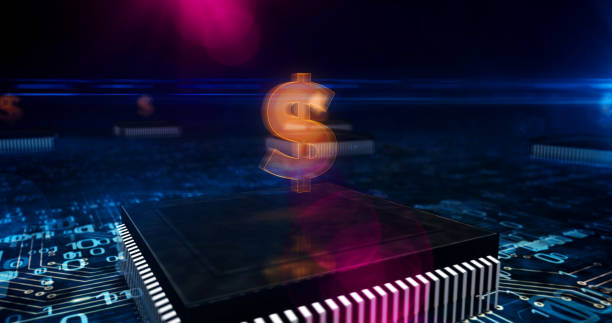 istock Processor factory with burning Dollar money business symbol 3d illustration 1288606570