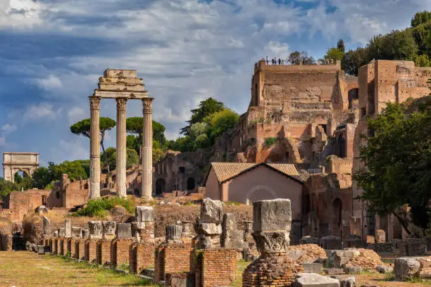 City of Rome in Italy, ancient ruins at Roman Forum and Palatine Hill, columns of Temple of Castor and Pollux