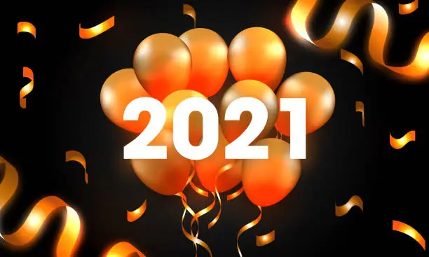 Vector illustration of Happy New Year 2021. Realistic gold balloons. helium balloon on ribbon, glitter bright confetti.