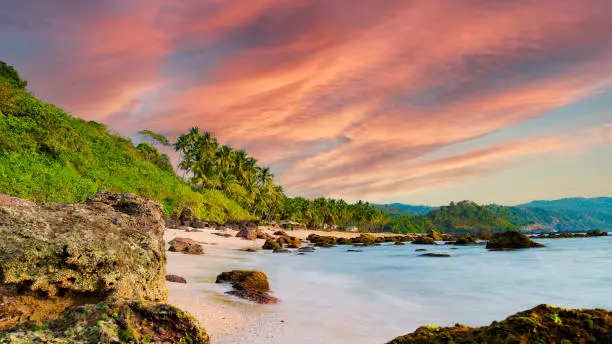Photo of Long exposure. Beautiful and relaxing beach flanked by green palm trees at sunset. Varkala, Kerala, India.