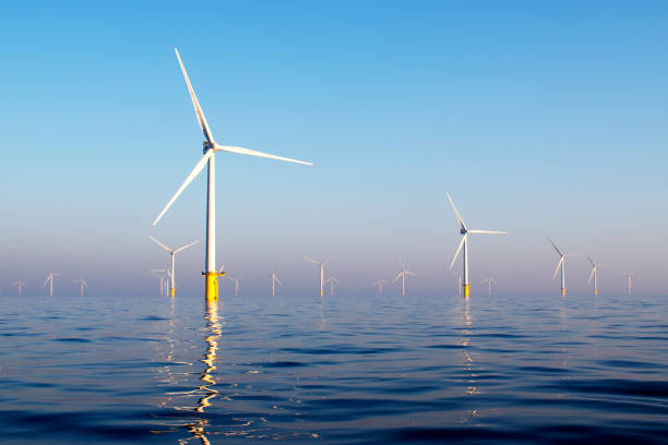 Rampion Windfarm Taken at sunrise windmill stock pictures, royalty-free photos & images