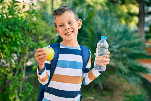 Adorable caucasian student boy smiling happy holding green apple and bottle of water at the park.