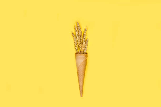 istock Wafer cone with wheat stalks on a yellow background 1288615083