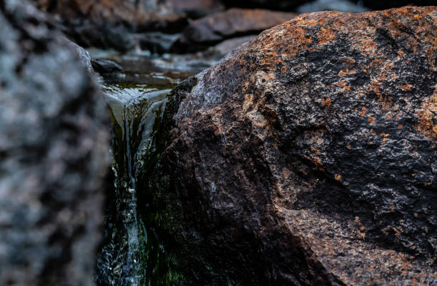 primer plano de agua pura del glaciar que corre a través de una grieta en las rocas por un arroyo. - flowing water stream moss river fotografías e imágenes de stock
